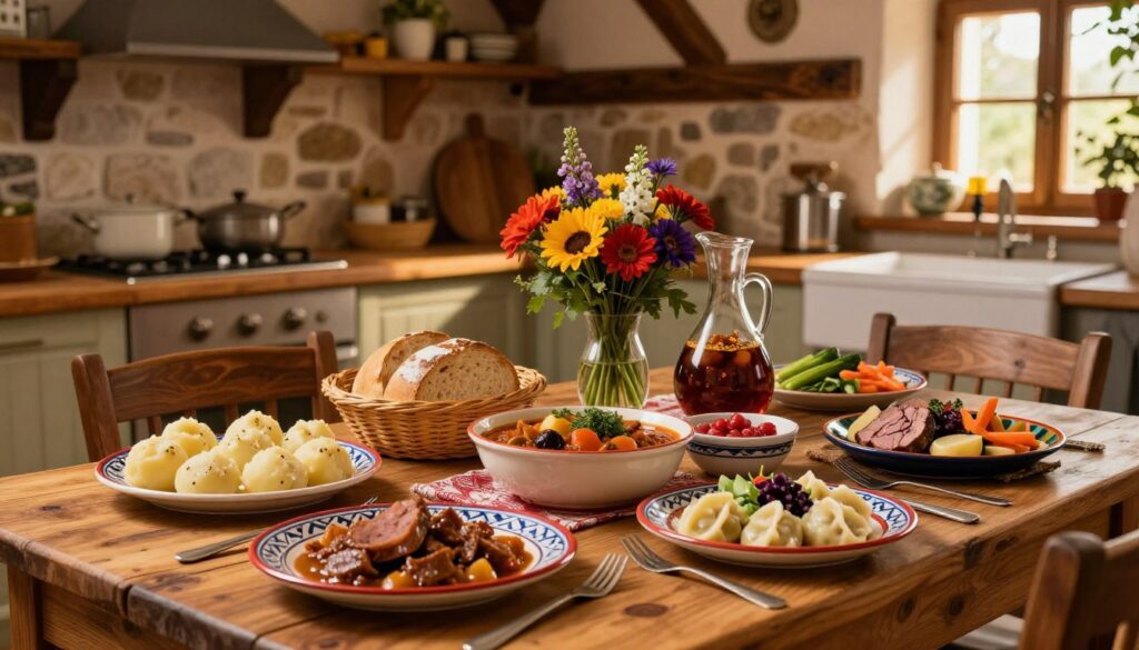 A beautifully arranged table showcasing traditional Wielkopolska cuisine, featuring dishes like pyzy (potato dumplings), gulasz (stew), and a selection of locally sourced meats and vegetables. The foreground includes a rustic wooden table with vibrant ceramic plates and cutlery. In the middle, a bread basket and a decanter of homemade kompot, with colorful seasonal flowers as a centerpiece. The background features a charming rustic kitchen with exposed beams and stone walls, softly illuminated by warm, golden light coming through a window, creating an inviting atmosphere. The mood is warm and familial, evoking a sense of comfort and tradition inherent in regional Polish cooking.