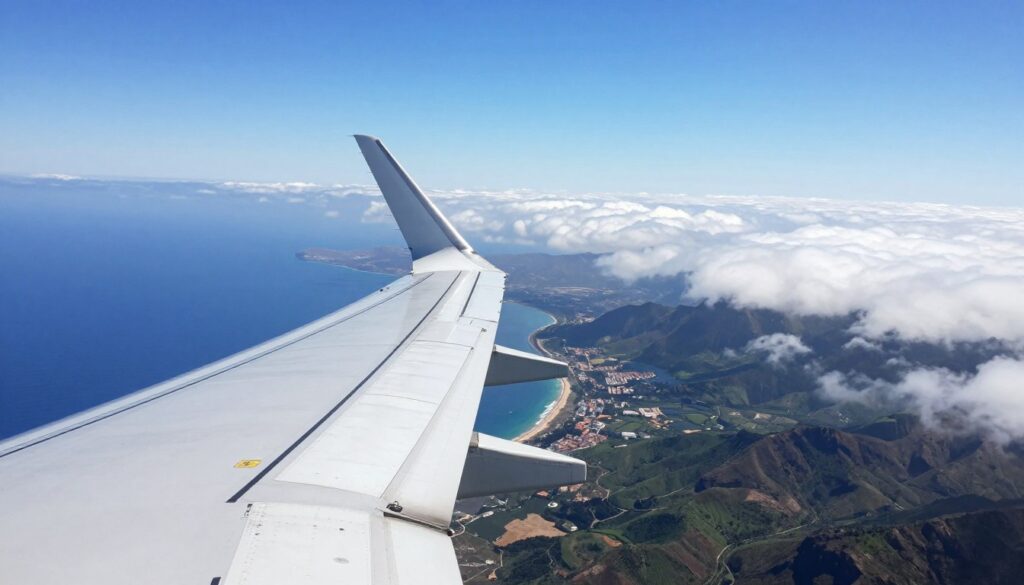 A bird's-eye view of a passenger airplane cruising through a clear blue sky, with fluffy white clouds forming a serene backdrop. In the foreground, the airplane's wing is prominently displayed, capturing the sense of flight and distance. The middle ground features a picturesque coastline of Tenerife, highlighting lush green mountains and sandy beaches, while a distant view of the mainland offers perspective on the journey. The lighting is bright and sunny, evoking a feeling of optimism and adventure. The camera angle is slightly tilted to showcase both the airplane and the beautiful destination below, creating an atmosphere of anticipation and excitement for travelers.