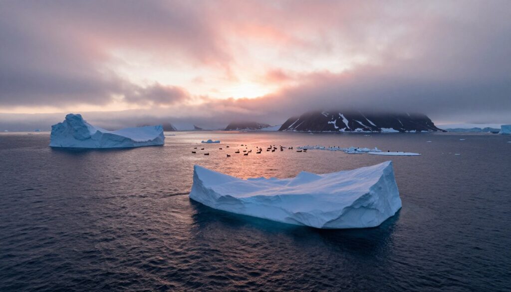 A breathtaking aerial view of the Arctic Ocean's maritime borders, featuring the rough, icy waves reflecting the soft hues of a pink and orange sunset. In the foreground, jagged icebergs rise majestically from the water, their surfaces glistening with frost. The middle ground showcases the diverse marine life, with silhouettes of seals and seabirds interacting near the edge of the ice. In the background, fog-covered coastlines of Russia loom under a moody, dramatic sky filled with swirling clouds. The scene is captured with a wide-angle lens to emphasize the vastness of the ocean and ice formations, while maintaining a serene, untouched atmosphere. The lighting is natural, highlighting the cold beauty of this remote region, evoking a sense of isolation and tranquility. A breathtaking aerial view of the Arctic Ocean's maritime borders, featuring the rough, icy waves reflecting the soft hues of a pink and orange sunset. In the foreground, jagged icebergs rise majestically from the water, their surfaces glistening with frost. The middle ground showcases the diverse marine life, with silhouettes of seals and seabirds interacting near the edge of the ice. In the background, fog-covered coastlines of Russia loom under a moody, dramatic sky filled with swirling clouds. The scene is captured with a wide-angle lens to emphasize the vastness of the ocean and ice formations, while maintaining a serene, untouched atmosphere. The lighting is natural, highlighting the cold beauty of this remote region, evoking a sense of isolation and tranquility.