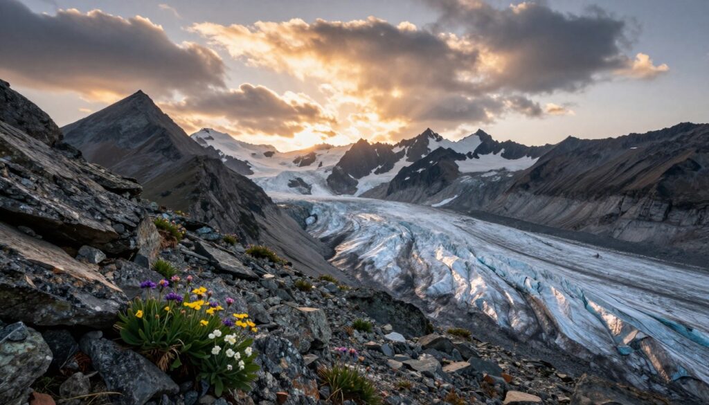A breathtaking alpine peak bathed in the warm glow of a late afternoon sun, showcasing the rugged beauty of a climate-affected landscape. In the foreground, rocky outcrops are interspersed with patches of resilient alpine flowers, their vibrant colors contrasting against the harsh terrain. The middle ground reveals a shifting glacier, with cracks and melting ice that reflect the changing climate, hinting at environmental concerns. The background features towering mountain ranges, their jagged silhouettes under a dramatic sky filled with dynamic clouds. The scene captures a sense of serenity yet conveys urgency about climate change, with soft, diffused lighting enhancing the textures of the rocks and ice. Use a wide-angle lens to capture the grandeur of the landscape, emphasizing depth and scale.