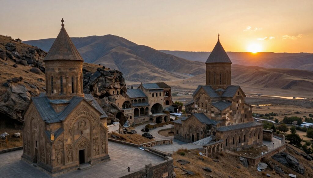 A breathtaking depiction of the Davit Garedja Monastery, nestled in the rugged hills of Georgia. In the foreground, intricate stone carvings and ancient structures adorned with religious motifs are illuminated softly by golden hour light. The middle ground features a series of rock-hewn monastic buildings, their weathered facades blending harmoniously with the surrounding arid landscape. In the background, majestic mountains rise against a brilliant sunset sky, creating a warm and tranquil atmosphere. The scene conveys a sense of mystery and reverence, evoking the monastic life once led in these secluded caves. Shot from a slightly elevated angle, using a wide-angle lens to capture both the monumental architecture and the expansive natural beauty.
