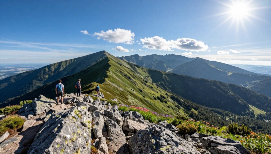 A breathtaking view from the summit of Śnieżka, capturing the stunning landscape of the Krkonoš Mountains in Karpacz, Poland. In the foreground, a rugged rocky outcrop with patches of greenery, showcasing a few hikers in modest casual clothing, admiring the panoramic scenery. The middle ground reveals the sweeping slopes descending from Śnieżka, dotted with vibrant alpine flowers and lush vegetation. The background features majestic mountain peaks under a clear blue sky, with wisps of clouds and the sun shining brightly, casting dynamic shadows on the terrain. The atmosphere is serene and inspiring, inviting viewers to experience the beauty of nature. Use a wide-angle lens for a dramatic effect, enhancing the vastness of the scene. A breathtaking view from the summit of Śnieżka, capturing the stunning landscape of the Krkonoš Mountains in Karpacz, Poland. In the foreground, a rugged rocky outcrop with patches of greenery, showcasing a few hikers in modest casual clothing, admiring the panoramic scenery. The middle ground reveals the sweeping slopes descending from Śnieżka, dotted with vibrant alpine flowers and lush vegetation. The background features majestic mountain peaks under a clear blue sky, with wisps of clouds and the sun shining brightly, casting dynamic shadows on the terrain. The atmosphere is serene and inspiring, inviting viewers to experience the beauty of nature. Use a wide-angle lens for a dramatic effect, enhancing the vastness of the scene.