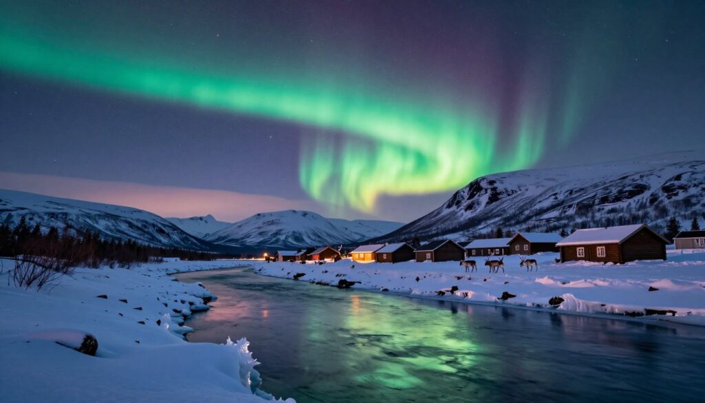 A breathtaking view of Laponia in Northern Finland, showcasing the serene and majestic Arctic landscape. In the foreground, a frozen river reflects the soft hues of twilight, with delicate ice formations along its banks. In the middle ground, traditional Sámi wooden structures and a few scattered reindeer create a sense of local culture, while the vibrant colors of aurora borealis dance across the starry night sky above. The background features snow-capped mountains silhouetted against the horizon. The scene is illuminated by the ambient glow of the northern lights, evoking a tranquil and mystical atmosphere. Captured from a slightly elevated angle with a wide lens, this image effectively conveys the beauty and significance of Laponia in shaping state borders.