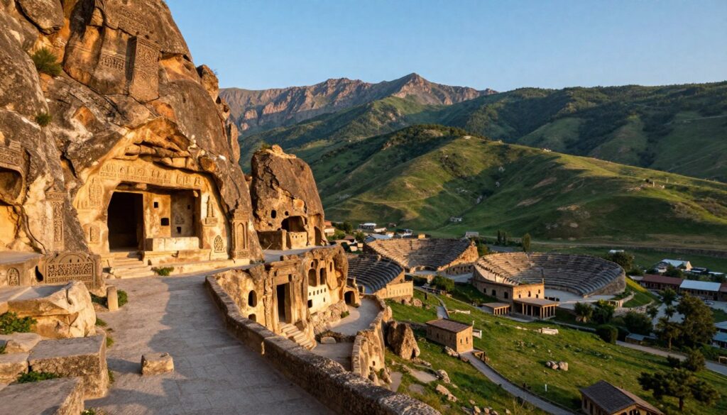 A breathtaking view of Uplistsikhe, the ancient rock-hewn town in Georgia, showcasing its stunning cliffside architecture. In the foreground, intricate stone carvings and weathered pathways lead through the ancient city, with a focus on a prominent cave structure. The middle ground features the remains of historical buildings and amphitheaters carved into the rock, surrounded by vibrant green hills. In the background, majestic mountainous peaks rise against a clear blue sky, bathed in warm late afternoon sunlight. The scene is illuminated with soft, golden light, creating a serene and mystical atmosphere, evoking a sense of exploration and wonder. The angle captures the site in an expansive view, highlighting its geological formations and historical significance.