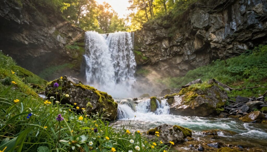 A breathtaking view of Wodospad Kamieńczyka, a stunning waterfall cascading down rugged rocks in a picturesque gorge. In the foreground, lush greenery and vibrant wildflowers frame the base of the waterfall, creating a serene atmosphere. The middle ground features the pristine waters tumbling over moss-covered stones, with fine mist rising into the air, catching the sunlight. In the background, steep cliffs enclose the gorge, dappled with sunlight filtering through the trees, enhancing the tranquil mood. The scene is captured in soft, golden hour lighting, evoking a sense of peace and natural beauty. The angle is slightly elevated, showcasing the waterfall in its full glory, with a wide lens perspective to capture the grandeur of the entire setting. A breathtaking view of Wodospad Kamieńczyka, a stunning waterfall cascading down rugged rocks in a picturesque gorge. In the foreground, lush greenery and vibrant wildflowers frame the base of the waterfall, creating a serene atmosphere. The middle ground features the pristine waters tumbling over moss-covered stones, with fine mist rising into the air, catching the sunlight. In the background, steep cliffs enclose the gorge, dappled with sunlight filtering through the trees, enhancing the tranquil mood. The scene is captured in soft, golden hour lighting, evoking a sense of peace and natural beauty. The angle is slightly elevated, showcasing the waterfall in its full glory, with a wide lens perspective to capture the grandeur of the entire setting.