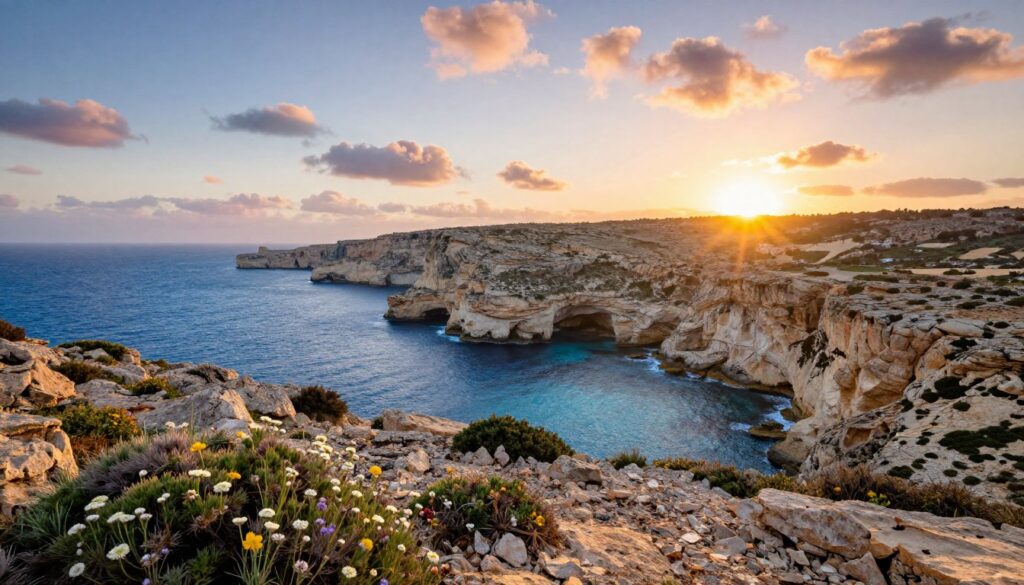 A breathtaking view of the western coast of Malta, showcasing rugged cliffs meeting the vibrant blue Mediterranean Sea. In the foreground, wildflowers and low-growing shrubs dot the rocky terrain, adding bursts of color. The middle ground features dramatic cliffs that rise steeply from the water, with small, secluded coves visible below. In the background, the sun begins to set, casting a warm golden hue over the landscape and creating long shadows. The sky is filled with soft clouds, reflecting pink and orange tones as dusk approaches. Capture this scene with a wide-angle lens for an expansive view, emphasizing the natural beauty and tranquility of Malta’s western coast. The overall mood is serene and inviting, encouraging exploration and appreciation of this stunning environment.