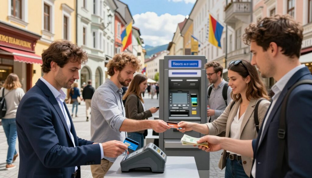 A bustling Austrian city street scene during the daytime, showcasing a variety of payment methods. In the foreground, a diverse group of people dressed in professional business attire and modest casual clothing are engaged in transactions, some using credit cards at a modern point-of-sale terminal while others are handing over cash to local vendors. The middle ground features colorful shopfronts with traditional Austrian architecture, and a bank ATM stands prominently. In the background, the clear blue sky is dotted with fluffy clouds, and vibrant flags flutter from nearby buildings, creating an inviting atmosphere. The lighting is bright and natural, highlighting the lively interaction between locals and visitors. The overall mood is one of convenience and commerce, emphasizing the integration of both card and cash payments in daily life.
