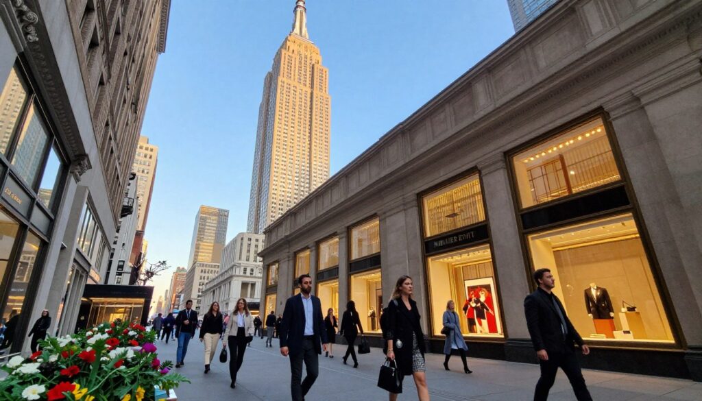 A bustling Fifth Avenue scene showcasing the iconic Empire State Building towering in the background. In the foreground, elegant shoppers stroll along the well-manicured sidewalks adorned with seasonal flowers, dressed in smart casual attire and upscale business outfits. The middle ground features high-end storefronts with stylish window displays, illuminated by soft, warm lighting reflecting the late afternoon sun. The atmosphere is vibrant yet refined, capturing the essence of luxury shopping in New York City. The angle should be slightly below eye level to emphasize the grandeur of the Empire State Building against a clear blue sky, enhancing the sense of scale and magnificence.