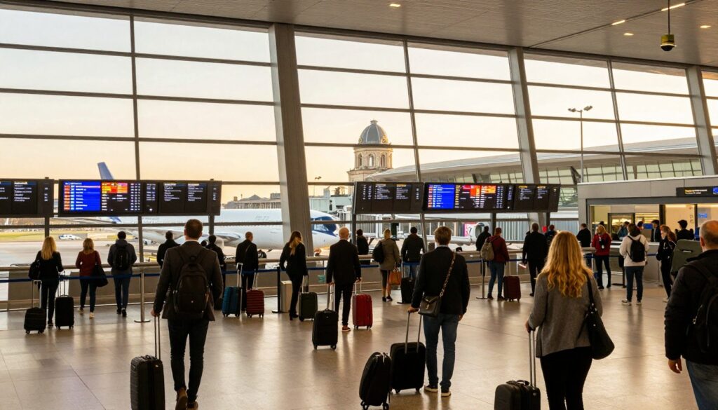 A bustling Paris airport scene during the golden hour, showcasing the grandeur of Charles de Gaulle Airport. In the foreground, a diverse group of well-dressed travelers, carrying luggage, is animatedly checking in or navigating through the terminal. In the middle ground, sleek departure boards display flight information, surrounded by large glass windows revealing planes at the gates. The background features iconic Parisian architecture subtly visible through the terminal windows. Soft, warm lighting enhances the atmosphere, creating a welcoming and busy ambiance. The angle captures a wide view, emphasizing both the organized chaos of travel and the elegance of the airport design. The image conveys a sense of anticipation and excitement for the journey ahead.
