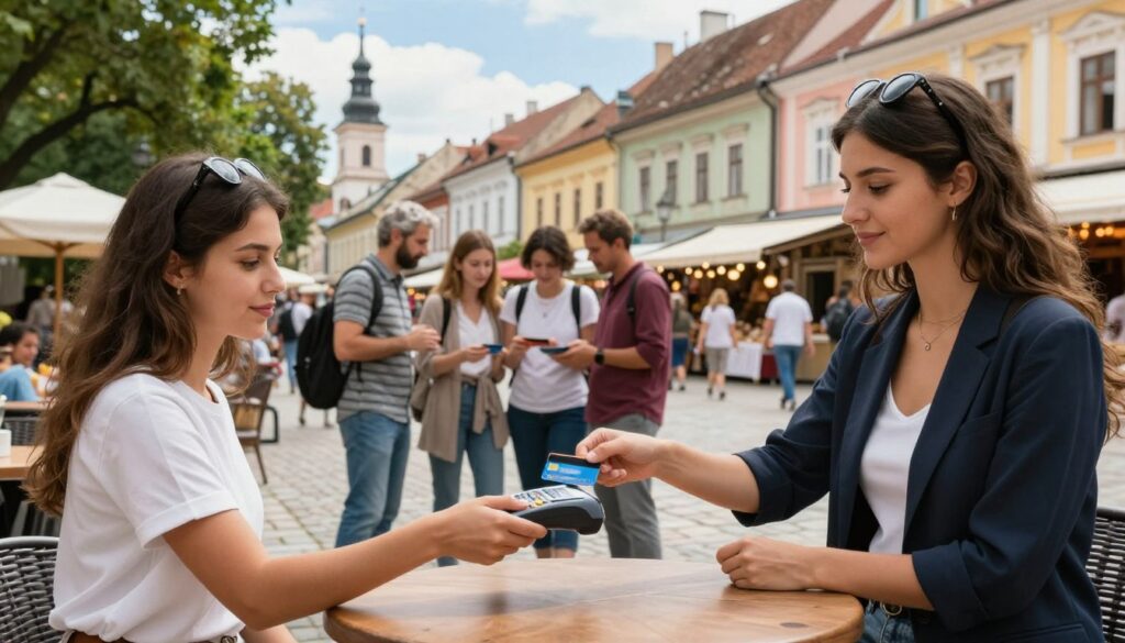 A bustling Romanian city square during the day, showcasing various people using credit cards for payments. In the foreground, a stylish young woman in smart casual clothing pays at a trendy outdoor café with a card reader on the table. In the middle, a small group of tourists explores a local market, some engaging with vendors while holding credit cards. The background features picturesque architecture typical of Romanian cities, with charming streets lined with trees and colorful buildings under blue skies. Soft, natural lighting illuminates the scene, creating a vibrant atmosphere. The image captures a sense of modern urban life, emphasizing the ease of cashless transactions in Romania's cities and resorts. A bustling Romanian city square during the day, showcasing various people using credit cards for payments. In the foreground, a stylish young woman in smart casual clothing pays at a trendy outdoor café with a card reader on the table. In the middle, a small group of tourists explores a local market, some engaging with vendors while holding credit cards. The background features picturesque architecture typical of Romanian cities, with charming streets lined with trees and colorful buildings under blue skies. Soft, natural lighting illuminates the scene, creating a vibrant atmosphere. The image captures a sense of modern urban life, emphasizing the ease of cashless transactions in Romania's cities and resorts.