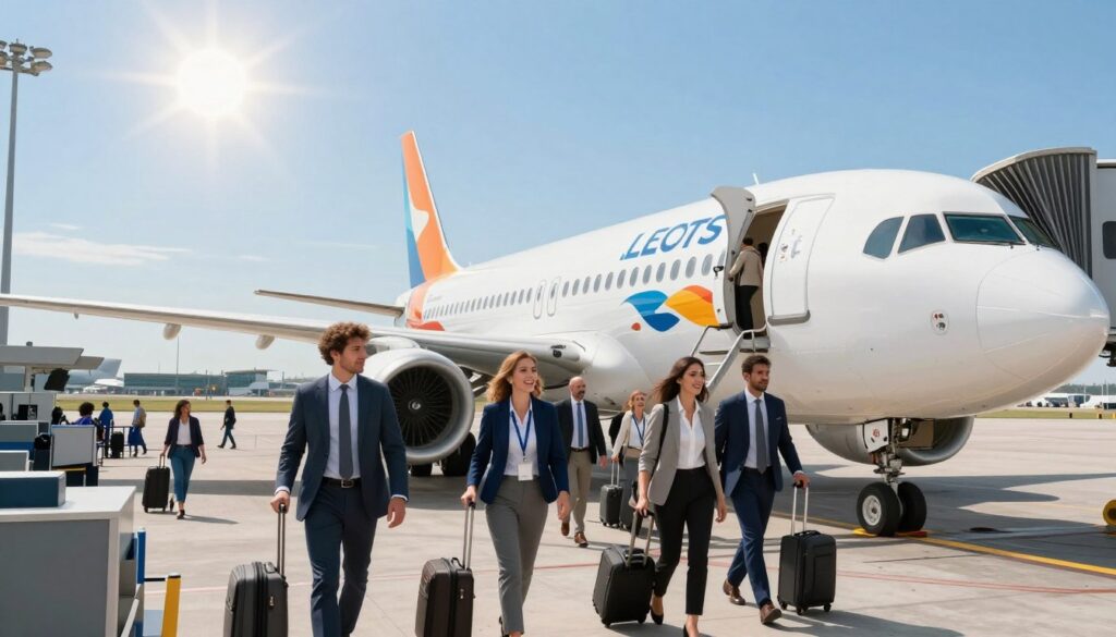 A bustling airport scene focusing on an airplane preparing for a direct flight. In the foreground, a modern aircraft with a sleek design is parked at the terminal, showcasing its vibrant colors and logos. A group of diverse passengers, dressed in professional business attire, is seen boarding the plane, with luggage in hand and excited expressions. In the middle ground, an airport terminal is bustling with activity, featuring check-in counters and travelers. In the background, a clear blue sky highlights the airplane against a radiant sun, symbolizing the freedom of direct flights. The scene is illuminated by natural lighting, creating a hopeful and efficient atmosphere, showcasing the convenience and time-saving aspect of direct travel. A bustling airport scene focusing on an airplane preparing for a direct flight. In the foreground, a modern aircraft with a sleek design is parked at the terminal, showcasing its vibrant colors and logos. A group of diverse passengers, dressed in professional business attire, is seen boarding the plane, with luggage in hand and excited expressions. In the middle ground, an airport terminal is bustling with activity, featuring check-in counters and travelers. In the background, a clear blue sky highlights the airplane against a radiant sun, symbolizing the freedom of direct flights. The scene is illuminated by natural lighting, creating a hopeful and efficient atmosphere, showcasing the convenience and time-saving aspect of direct travel.