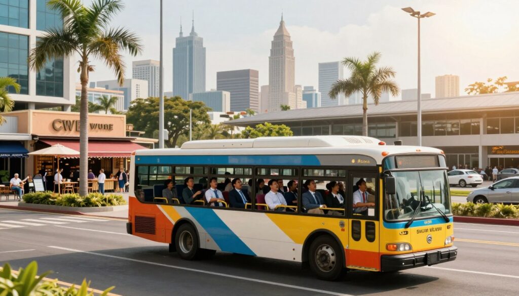 A bustling airport shuttle bus driving through vibrant city streets, surrounded by modern architecture and palm trees, representing the journey from the airport to the city center. In the foreground, the shuttle bus, painted in bright colors, is filled with passengers dressed in business attire and casual clothing, looking out the windows excitedly. The middle layer features lively street scenes with local shops and cafés bustling with life. In the background, the iconic skyline of the city with notable landmarks peeking through the sunlit sky. Use soft, warm lighting to suggest a bright day, and capture the scene from a slightly elevated angle to emphasize the cityscape. The mood is energetic and welcoming, reflecting the excitement of arriving in a new city.
