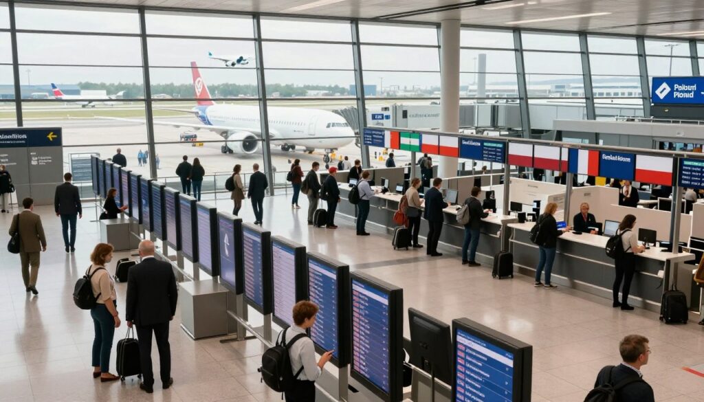 A bustling airport terminal scene showcasing various departure cities in Poland. In the foreground, travelers dressed in professional business attire or modest casual clothing are checking flight information on digital displays. The middle ground features an array of airline counters and kiosks, decorated with flags from different countries, symbolizing international connections. In the background, large panoramic windows reveal planes at different stages of boarding and takeoff under bright daylight. The atmosphere is dynamic and filled with anticipation, highlighting the theme of travel accessibility and city connections. Soft, natural lighting fills the scene, creating an inviting and encouraging mood, captured with a wide-angle lens to encompass the vibrant activity. A bustling airport terminal scene showcasing various departure cities in Poland. In the foreground, travelers dressed in professional business attire or modest casual clothing are checking flight information on digital displays. The middle ground features an array of airline counters and kiosks, decorated with flags from different countries, symbolizing international connections. In the background, large panoramic windows reveal planes at different stages of boarding and takeoff under bright daylight. The atmosphere is dynamic and filled with anticipation, highlighting the theme of travel accessibility and city connections. Soft, natural lighting fills the scene, creating an inviting and encouraging mood, captured with a wide-angle lens to encompass the vibrant activity.