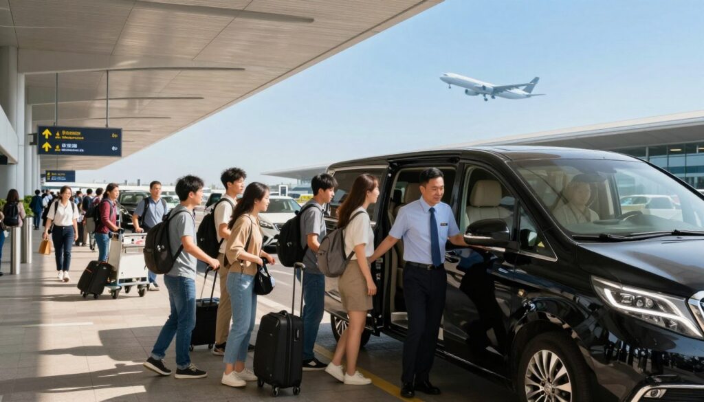 A bustling airport transfer scene in a modern city. Foreground: A professional driver in a smart uniform assists a diverse group of travelers as they step out of a sleek, black limousine. Middle: The well-organized airport terminal with a mix of travelers pulling luggage carts, while airport signage clearly indicates directions. Background: A clear blue sky and the silhouette of an airplane taking off in the distance. The lighting is bright and natural, showcasing a busy, warm atmosphere of greeting and excitement. The mood is dynamic and welcoming, emphasizing the seamless transition from air travel to hotel accommodation. This lively scene captures the essence of logistics in airport transfers.