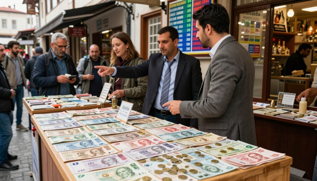 A bustling currency exchange market in Turkey, showcasing a variety of banknotes and coins from different currencies prominently displayed on a wooden table in the foreground. In the middle ground, a professional-looking exchange agent in modest business attire assists a diverse group of travelers, pointing towards a colorful currency exchange board with fluctuating rates. The background features a lively street scene with traditional Turkish architecture and people engaging in transactions. Soft, natural lighting emphasizes the warmth of the environment, creating a welcoming atmosphere. A slight perspective angle captures the dynamics of the market while ensuring a clear focus on the exchange activities.