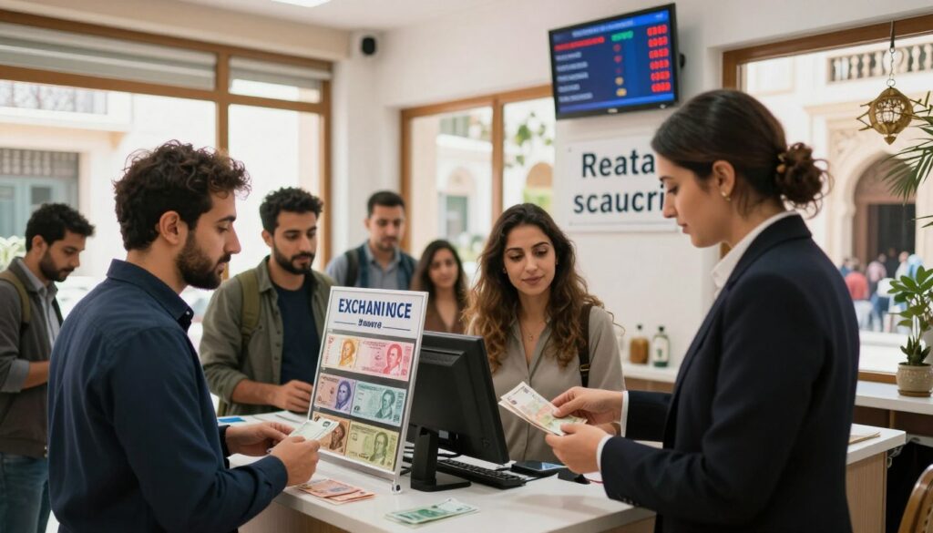 A bustling currency exchange office in Tunisia, featuring a modern interior with large windows allowing natural light to flood in. In the foreground, a professional-looking agent in business attire securely handles cash while assisting a diverse group of travelers. The middle ground showcases clear signage for exchanging currencies, a display of various banknotes, and a counter with a digital exchange rate board. In the background, glimpses of traditional Tunisian architecture create an inviting atmosphere, along with plants and decorative elements. The overall mood conveys a sense of professionalism and safety, emphasizing an environment where travelers can exchange money securely and confidently. Use soft, warm lighting to enhance the welcoming feel of the scene, captured with a shallow depth of field to keep the focus on the currency exchange process.