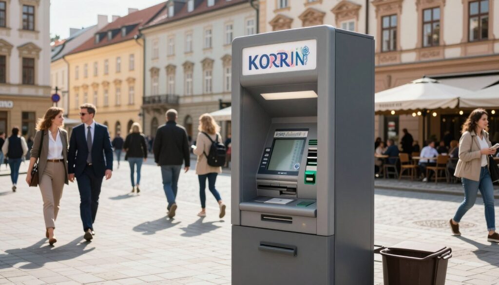 A bustling street in a Czech city featuring a modern ATM prominently in the foreground, displaying the Czech koruna currency. Surround the ATM with a vibrant urban environment, showcasing a mix of historical and contemporary architecture typical of Czech cities. Pedestrians dressed in professional business attire and casual clothing stroll by, some pausing to use the machine. Bright morning sunlight bathes the scene, casting soft shadows and creating a lively atmosphere. In the background, a few cafés with outdoor seating can be seen, hinting at a busy city life. The image should evoke a sense of convenience and accessibility, emphasizing the role of ATMs in everyday transactions.