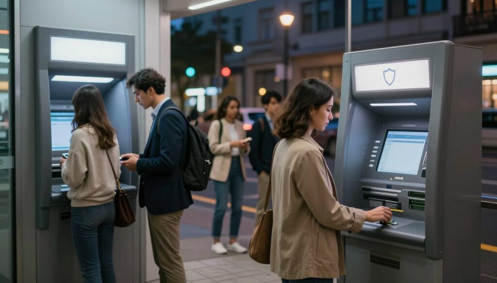 A busy urban scene depicting an ATM (bankomat) in a well-lit city environment. In the foreground, a sleek, modern ATM stands with visible cash withdrawal slots and a digital interface, adorned with safety features such as a shield icon. In the middle ground, a diverse group of travelers, dressed in professional business attire and modest casual clothing, engage with the ATM, each showing expressions of focus and security. In the background, city buildings and streetlights twinkle, creating an inviting nighttime atmosphere. Soft ambient lighting enhances the scene, suggesting a sense of safety and accessibility. The angle captures both the ATM and the people, emphasizing functionality and security. A busy urban scene depicting an ATM (bankomat) in a well-lit city environment. In the foreground, a sleek, modern ATM stands with visible cash withdrawal slots and a digital interface, adorned with safety features such as a shield icon. In the middle ground, a diverse group of travelers, dressed in professional business attire and modest casual clothing, engage with the ATM, each showing expressions of focus and security. In the background, city buildings and streetlights twinkle, creating an inviting nighttime atmosphere. Soft ambient lighting enhances the scene, suggesting a sense of safety and accessibility. The angle captures both the ATM and the people, emphasizing functionality and security.