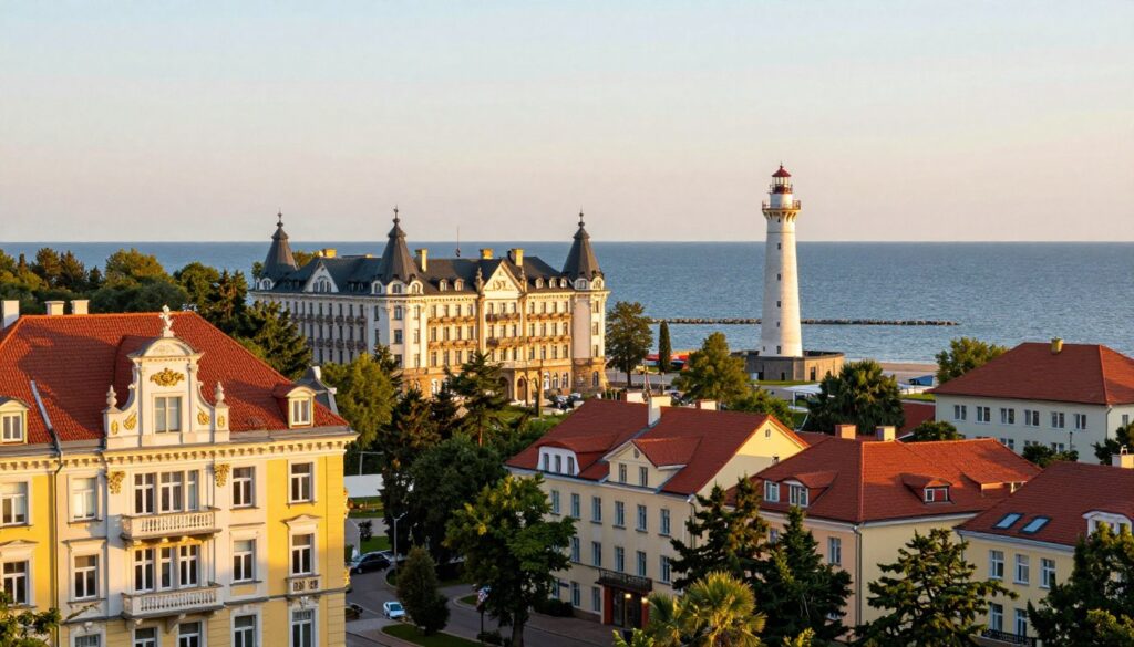 A captivating view of architectural gems in Sopot, showcasing a blend of historic and modern styles. In the foreground, delicate details of intricately designed facades, featuring ornate balconies and vibrant colors. The middle ground highlights iconic structures like the Grand Hotel and the Sopot Lighthouse, showcasing their unique architecture, surrounded by lush greenery. In the background, the serene coastline of the Baltic Sea glistens under soft golden hour lighting, enhancing the elegance of the buildings. The perspective captures a wide-angle view, emphasizing the harmony between nature and architecture. The mood is tranquil yet vibrant, inviting viewers to explore the rich history of this spa town, with a clear sky that adds warmth to the scene.