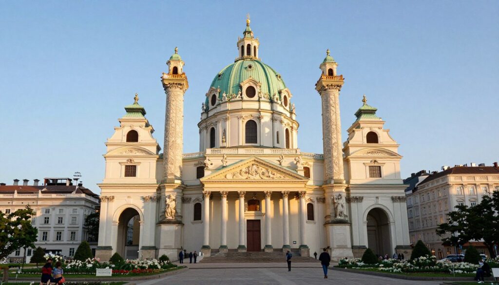 A captivating view of the Church of St. Charles Borromeo in Vienna, showcasing its stunning Baroque architecture. In the foreground, ornate details of the church's façade display intricate sculptures and decorative elements. The middle ground features the grand dome with a green patina, beautifully lit by the soft, golden light of the late afternoon sun. Surrounding the church, a lush park with blooming flowers and people in modest casual clothing strolling and enjoying the serene atmosphere. The background reveals a clear blue sky, creating a tranquil mood that invites contemplation. The image is captured from a low angle to emphasize the church’s grandeur, highlighting its majestic presence in the heart of Vienna. A captivating view of the Church of St. Charles Borromeo in Vienna, showcasing its stunning Baroque architecture. In the foreground, ornate details of the church's façade display intricate sculptures and decorative elements. The middle ground features the grand dome with a green patina, beautifully lit by the soft, golden light of the late afternoon sun. Surrounding the church, a lush park with blooming flowers and people in modest casual clothing strolling and enjoying the serene atmosphere. The background reveals a clear blue sky, creating a tranquil mood that invites contemplation. The image is captured from a low angle to emphasize the church’s grandeur, highlighting its majestic presence in the heart of Vienna.