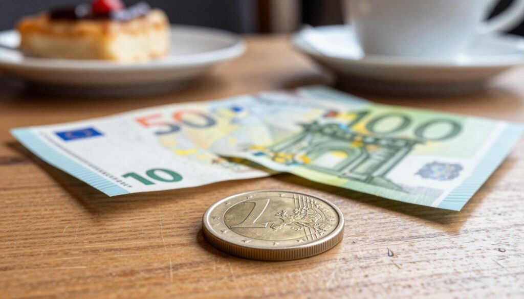 A close-up of a shiny euro coin resting on a wooden table, with subtle scratches reflecting soft light. In the foreground, the intricate details of the coin, including its stars and the map of Europe, are highlighted. In the middle ground, partially out of focus, place several colorful bills of euro currency, fanned out to display their different denominations. The background features a blurred cafe scene with a hint of a coffee cup and pastries, creating an inviting atmosphere. The lighting is warm and natural, suggesting a sunny day, evoking a sense of everyday life in Austria. The overall mood should feel vibrant and economical, representing the essence of using euros for payments in a casual setting.