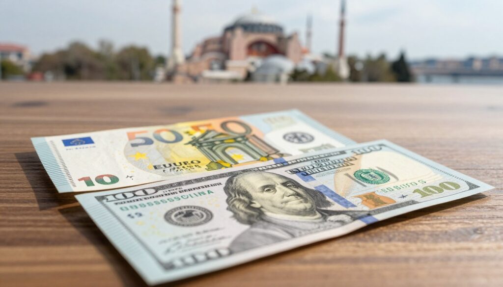 A close-up scene featuring Euro and US Dollar banknotes elegantly arranged on a wooden table, with a subtle background of the Turkish skyline, including recognizable landmarks like the Hagia Sophia or Bosphorus Bridge. The banknotes should be visibly detailed, showcasing their vibrant colors and intricate designs. Soft, diffused natural lighting should illuminate the scene, casting gentle shadows that add depth. The angle should be slightly tilted to capture both the currencies prominently in the foreground and the iconic skyline in the background, evoking a sense of financial decision-making related to travel. The overall mood should be thoughtful and engaging, inviting viewers to consider their financial options while visiting Turkey.