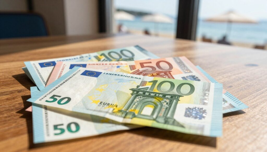 A close-up shot of a stack of colorful euro banknotes, featuring the distinct designs of various denominations, neatly arranged on a wooden table. In the foreground, the highest denomination is prominently displayed, showcasing its intricate details. The soft, natural light filters in from a nearby window, casting gentle shadows that add depth to the scene. In the background, hints of a relaxed seaside atmosphere can be seen, with blurred elements like beach umbrellas and the shimmering Adriatic Sea, evoking a sense of vacation and leisure. The overall mood is inviting and warm, conveying the idea of carrying cash while enjoying a holiday in Croatia.