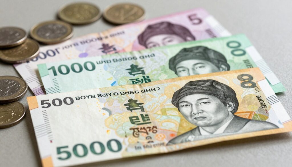 A close-up view of South Korean won currency, displaying various denominations of banknotes and coins, arranged artistically on a textured surface. In the foreground, the new 50,000 won note is prominently featured, showcasing its vibrant colors and detailed security features. In the middle ground, the 10,000 and 5,000 won notes are partially visible, along with scattered coins, highlighting the unique designs and textures of each denomination. The background is softly blurred to focus on the currency, with gentle overhead lighting casting subtle shadows, enhancing the richness of the colors. The atmosphere is professional and analytical, perfect for illustrating the structure of currency in circulation. Ensure the image is free from any text or branding.