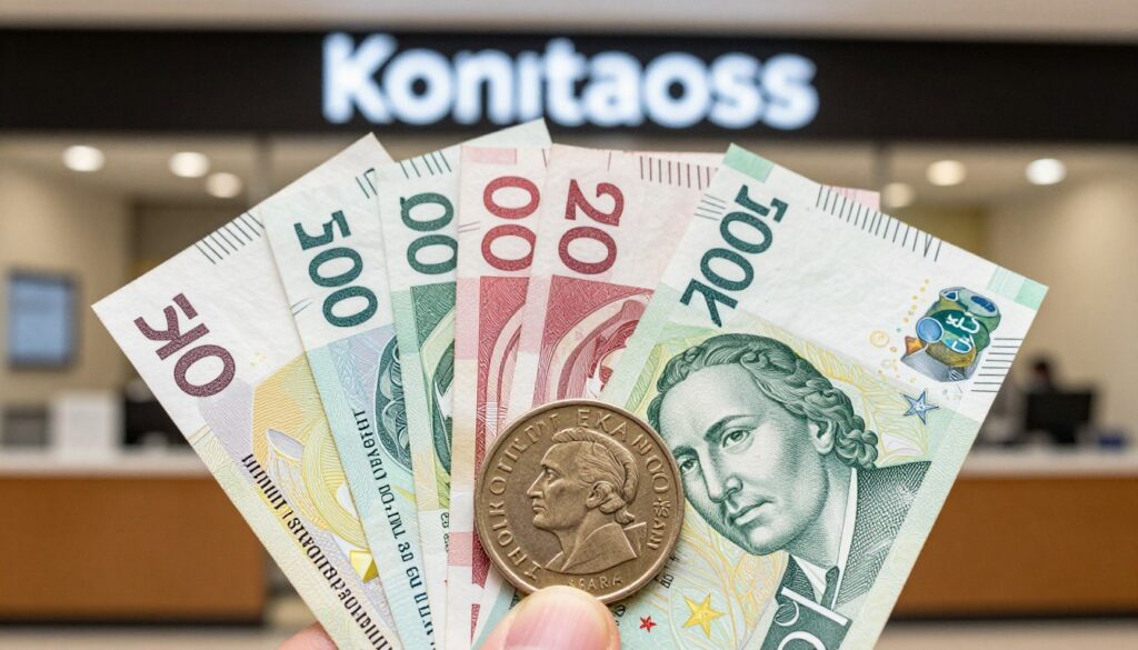 A close-up view of a Swedish Krona coin, prominently displayed in the foreground, with intricate details of its design clearly visible. In the middle, arrange a selection of different denomination Swedish Krona banknotes, showcasing their unique colors and features, harmoniously fanned out. The background should feature a softly blurred image of a foreign exchange office, with a warm, welcoming indoor atmosphere and ambient lighting that suggests a business environment. Ensure a sense of professionalism and trust. The overall mood is one of efficiency and financial savvy, perfect for a traveler preparing for their journey. The image should convey clarity and focus on the Swedish currency without any text or distractions. A close-up view of a Swedish Krona coin, prominently displayed in the foreground, with intricate details of its design clearly visible. In the middle, arrange a selection of different denomination Swedish Krona banknotes, showcasing their unique colors and features, harmoniously fanned out. The background should feature a softly blurred image of a foreign exchange office, with a warm, welcoming indoor atmosphere and ambient lighting that suggests a business environment. Ensure a sense of professionalism and trust. The overall mood is one of efficiency and financial savvy, perfect for a traveler preparing for their journey. The image should convey clarity and focus on the Swedish currency without any text or distractions.