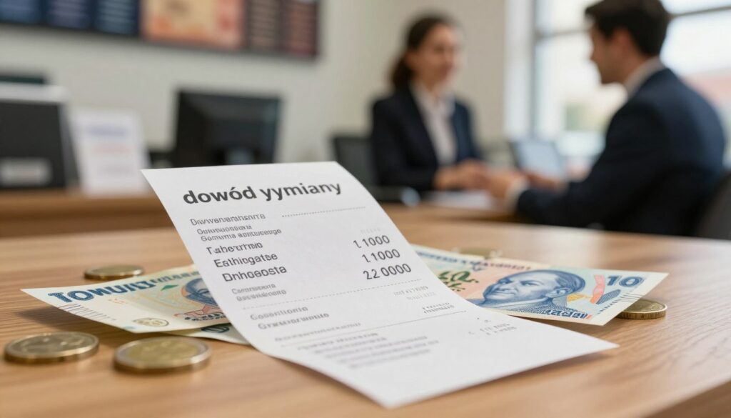 A close-up view of a "dowód wymiany" (currency exchange receipt) placed on a wooden desk, with Tunisian dinar notes and coins scattered around it. The receipt should be prominently displayed, showing formal details such as the exchange rate and the date. In the background, a lightly blurred bustling currency exchange office is visible, with a friendly attendant in professional attire assisting a customer. Soft, natural lighting enhances the scene, creating a warm and inviting atmosphere. Use a shallow depth of field to draw attention to the receipt while the background remains softly out of focus. The overall mood should be informative and reassuring, highlighting the importance of keeping currency exchange documents for future reference.