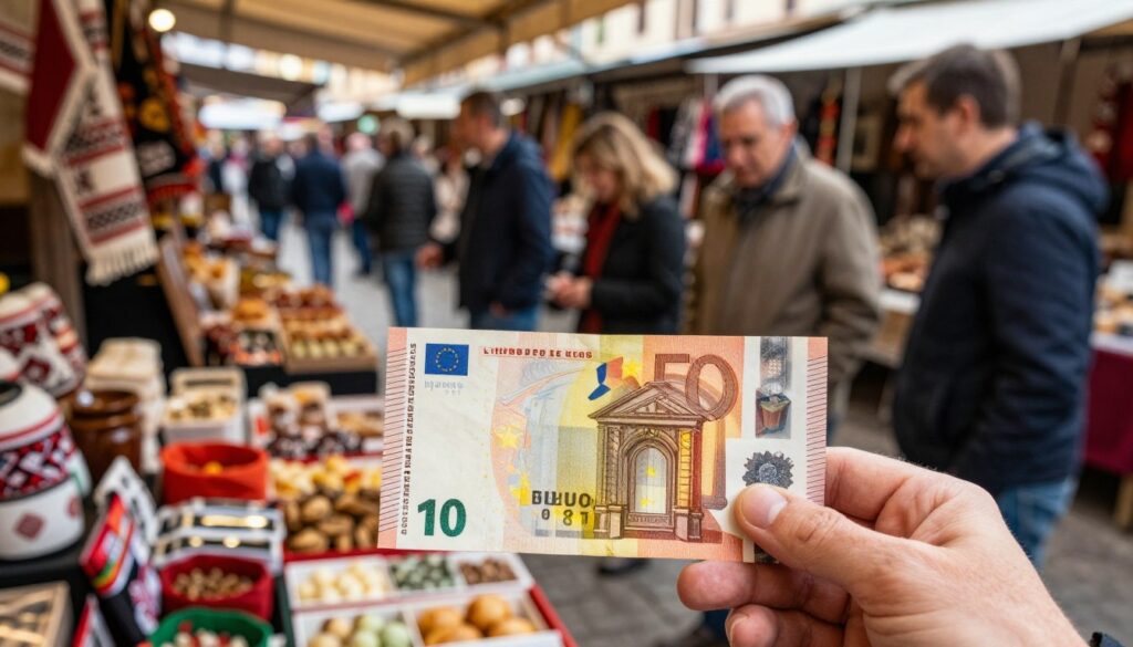 A close-up view of a hand holding a Euro banknote in a bustling Romanian marketplace. In the foreground, the banknote is prominently displayed, showcasing its distinct colors and design details. The middle ground features a variety of traditional Romanian products, such as handcrafted items and local foods, creating an authentic shopping atmosphere. In the background, blurred figures of people bargaining and interacting in a lively market setting, dressed in modest casual clothing. The lighting is warm and inviting, with the sun filtering through a canopy of overhead decorations. The overall mood is vibrant and energetic, conveying the excitement of using Euro currency in Romania. The composition should focus on the currency while reflecting the cultural context of the location. A close-up view of a hand holding a Euro banknote in a bustling Romanian marketplace. In the foreground, the banknote is prominently displayed, showcasing its distinct colors and design details. The middle ground features a variety of traditional Romanian products, such as handcrafted items and local foods, creating an authentic shopping atmosphere. In the background, blurred figures of people bargaining and interacting in a lively market setting, dressed in modest casual clothing. The lighting is warm and inviting, with the sun filtering through a canopy of overhead decorations. The overall mood is vibrant and energetic, conveying the excitement of using Euro currency in Romania. The composition should focus on the currency while reflecting the cultural context of the location.