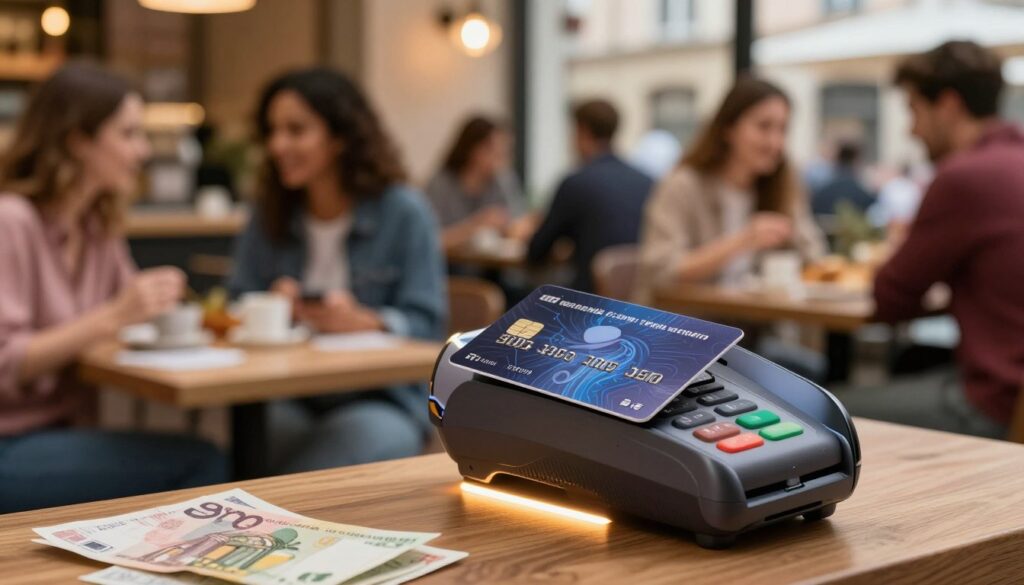 A close-up view of a modern contactless payment card being tapped on a sleek, futuristic payment terminal in an urban café setting. In the foreground, the payment card, with a stylish design featuring digital patterns, is prominently displayed, showcasing security features like an EMV chip. The middle ground captures the payment terminal, illuminated by soft, warm overhead lights, enhancing its state-of-the-art look. In the background, various blurred figures of tourists in smart casual clothing are enjoying their time, with soft focus on their diverse currencies on the tables—a hint of Czech korun and euros peeking through. The atmosphere is vibrant and business-friendly, suggesting a seamless and innovative financial experience for travelers.