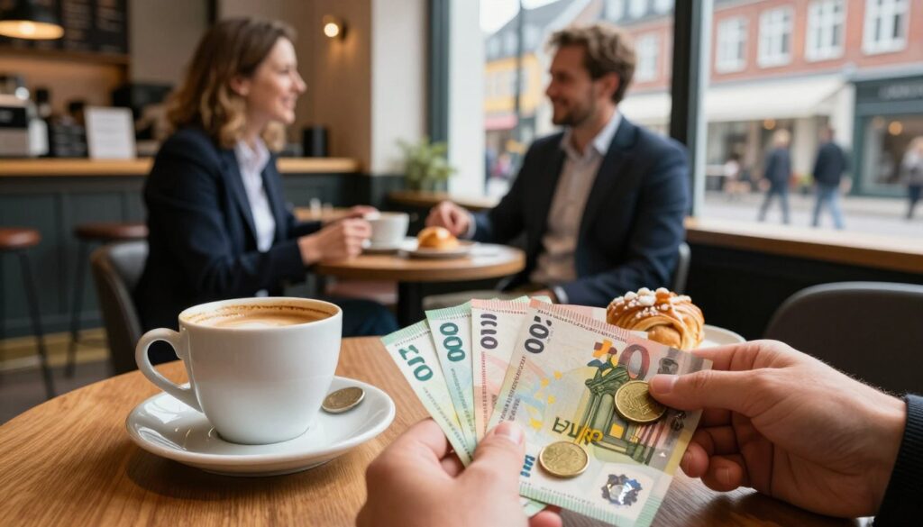 A cozy and inviting café scene in Denmark, showcasing a table with a stylish coffee cup and a plate of pastries. In the foreground, a hand is holding a handful of euros, with notes and coins prominently displayed. The middle ground features a warm, wood-furnished environment where a couple of patrons, dressed in professional business attire, are engaged in a friendly conversation while glancing at the cash. The background reveals a window with a view of Danish architecture and a slight hustle of pedestrians outside, creating a lively atmosphere. Soft natural light filters through the window, casting gentle shadows and highlighting the banknotes, evoking a sense of everyday transactions and cultural exchange. The overall mood is friendly and welcoming, representing commerce in Denmark. A cozy and inviting café scene in Denmark, showcasing a table with a stylish coffee cup and a plate of pastries. In the foreground, a hand is holding a handful of euros, with notes and coins prominently displayed. The middle ground features a warm, wood-furnished environment where a couple of patrons, dressed in professional business attire, are engaged in a friendly conversation while glancing at the cash. The background reveals a window with a view of Danish architecture and a slight hustle of pedestrians outside, creating a lively atmosphere. Soft natural light filters through the window, casting gentle shadows and highlighting the banknotes, evoking a sense of everyday transactions and cultural exchange. The overall mood is friendly and welcoming, representing commerce in Denmark.
