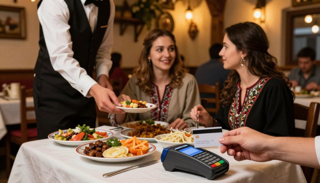 A cozy restaurant scene set in Bulgaria during the evening, showcasing a table elegantly laid with a vibrant array of traditional Bulgarian dishes. In the foreground, a hand holding a credit card poised above a small payment terminal, symbolizing modern payment methods. The middle ground features a waiter in smart attire serving a couple seated at the table, who are expressing satisfaction with their meal. The background reveals soft amber lighting illuminating rustic decor, with glimpses of other patrons enjoying their meals. Warm hues cast a welcoming atmosphere, inviting viewers to envision themselves enjoying a pleasant dining experience. The scene captures the essence of practical tips for payment in restaurants, blending tradition with modern convenience.