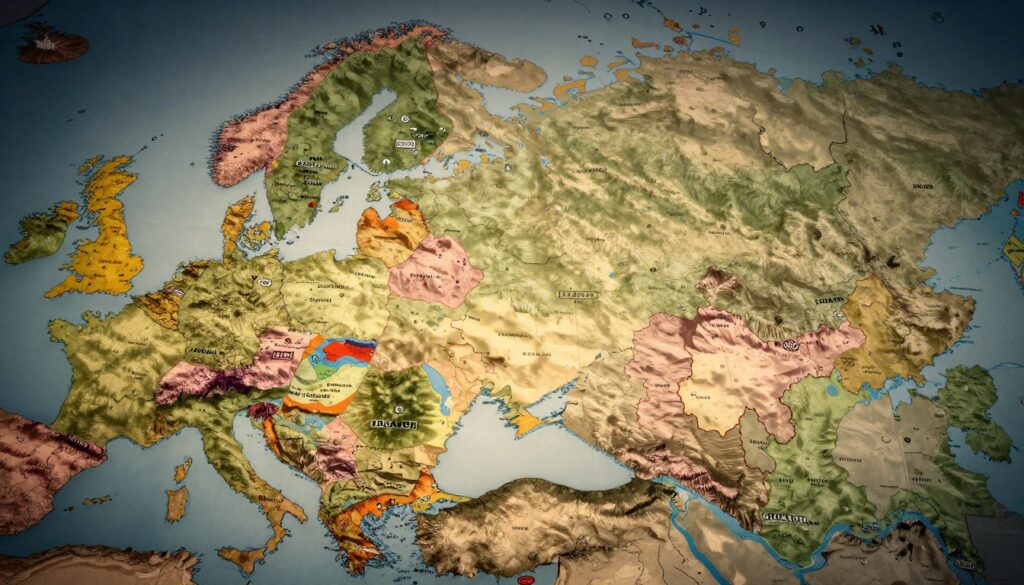 A detailed and intricate geopolitical map illustrating disputed territories between Russia and neighboring countries in Europe and Asia. In the foreground, highlight key regions with bold, contrasting colors to indicate disputed areas. In the middle ground, depict key landmarks such as borders, rivers, and mountain ranges to provide geographical context. In the background, a faded outline of both Europe and Asia is subtly blended to maintain focus on the main territories. Use a warm, dramatic lighting effect to create tension and emphasize the complexity of the borders. The mood should be serious and reflective, evoking the challenges of recognition and territorial disputes. The image is to be rendered in high resolution, ensuring clarity in geographical features and political nuances.