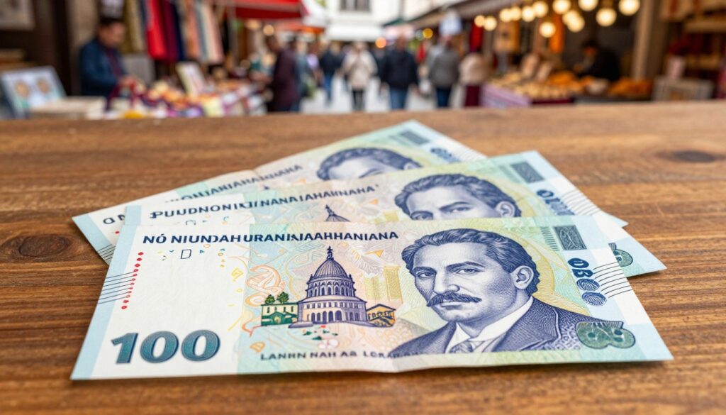 A detailed and vibrant depiction of an Albanian lek, showcasing both the front and back sides of the banknote. In the foreground, highlight the intricate designs and colors, emphasizing the historic and cultural elements, including significant Albanian figures and landmarks featured on the note. The middle ground should include an elegant wooden table, where the banknotes are gently fanned out, reflecting their textures. In the background, softly blurred, present a warm, inviting Albanian market scene with colorful stalls and locals interacting, suggesting a lively atmosphere. Use soft, natural lighting to enhance the textures of the banknotes and the warmth of the market, ideally captured at a 45-degree angle to create depth and perspective. The mood should be rich with culture and history, inviting the viewer to appreciate the beauty of Albanian currency.