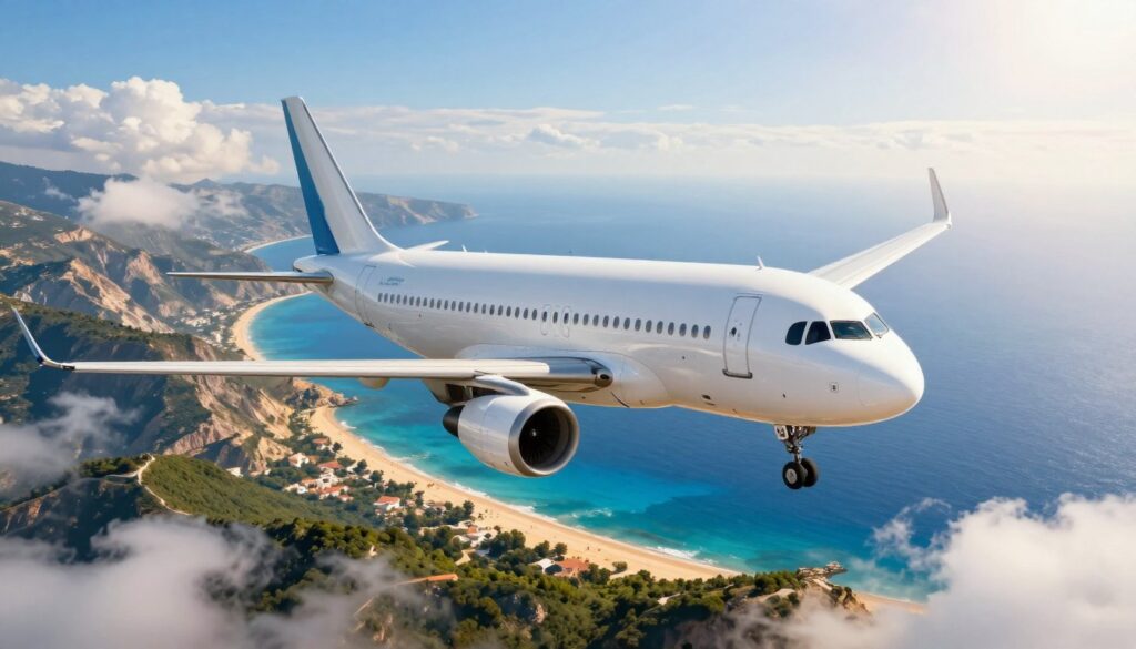 A detailed depiction of a commercial airplane in flight over the vibrant blue waters of Zakynthos, Greece. In the foreground, the aircraft is captured in mid-air, showcasing its sleek aerodynamic design against a backdrop of fluffy white clouds. In the middle ground, the stunning coastline of Zakynthos is visible, featuring lush greenery and golden sandy beaches. The background should display the azure sea merging with the horizon under a bright, sunny sky, with soft, warm lighting to create a cheerful atmosphere. A wide-angle perspective emphasizing the scale of the airplane against the expansive landscape is preferred. The mood is adventurous and inspiring, reflecting the excitement of flying to a beautiful vacation destination. No human subjects or text are included. A detailed depiction of a commercial airplane in flight over the vibrant blue waters of Zakynthos, Greece. In the foreground, the aircraft is captured in mid-air, showcasing its sleek aerodynamic design against a backdrop of fluffy white clouds. In the middle ground, the stunning coastline of Zakynthos is visible, featuring lush greenery and golden sandy beaches. The background should display the azure sea merging with the horizon under a bright, sunny sky, with soft, warm lighting to create a cheerful atmosphere. A wide-angle perspective emphasizing the scale of the airplane against the expansive landscape is preferred. The mood is adventurous and inspiring, reflecting the excitement of flying to a beautiful vacation destination. No human subjects or text are included.
