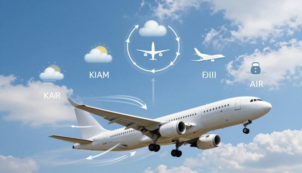 A detailed infographic illustrating the factors affecting flight duration. In the foreground, depict a large, stylized airplane flying through the sky, with arrows representing wind speed and direction swirling around it. In the middle ground, show icons symbolizing variables like weather conditions, time of day, and air traffic control, creatively arranged in circular patterns. The background should feature a bright blue sky with scattered clouds, capturing a sense of height and travel. Use soft, natural lighting to create an uplifting atmosphere, emphasizing clarity and professionalism. The image should be bright and visually engaging, suitable for an educational context, without any text or overlays. A detailed infographic illustrating the factors affecting flight duration. In the foreground, depict a large, stylized airplane flying through the sky, with arrows representing wind speed and direction swirling around it. In the middle ground, show icons symbolizing variables like weather conditions, time of day, and air traffic control, creatively arranged in circular patterns. The background should feature a bright blue sky with scattered clouds, capturing a sense of height and travel. Use soft, natural lighting to create an uplifting atmosphere, emphasizing clarity and professionalism. The image should be bright and visually engaging, suitable for an educational context, without any text or overlays.