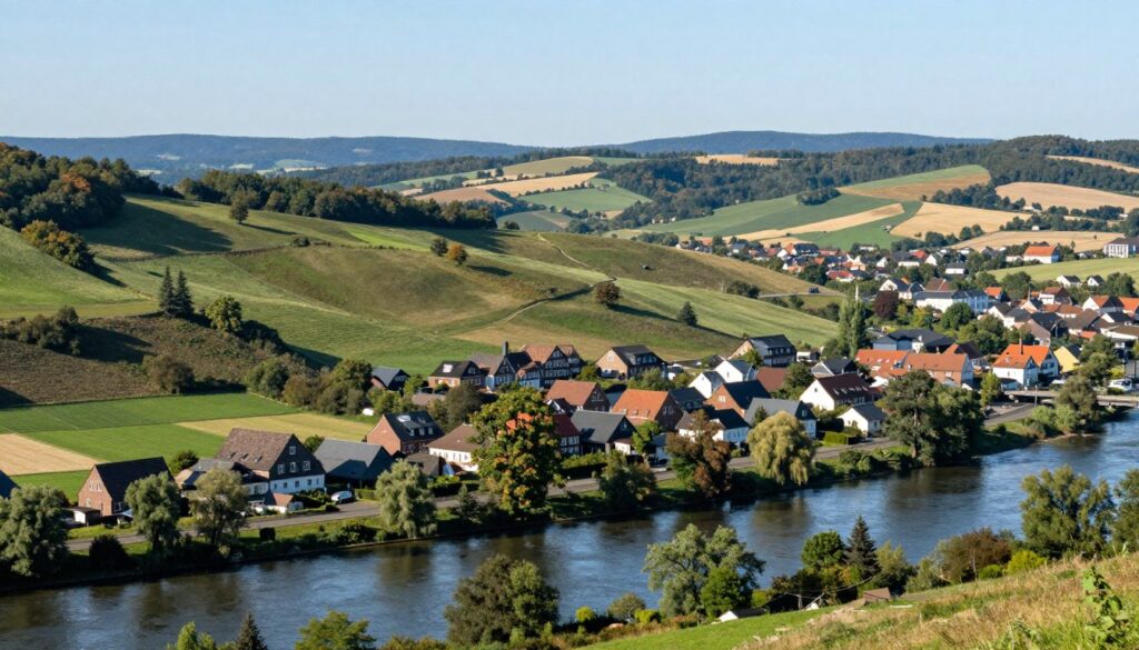 A detailed landscape of Germany’s land and sea borders, showcasing diverse terrains and natural features. In the foreground, a tranquil river meanders along the border, with lush greenery and trees lining the banks. In the middle ground, gently rolling hills rise, dotted with small towns that reflect traditional German architecture, featuring brick houses and quaint rooftops. The background shows the expansive horizon of the German countryside, transitioning into distant mountains under a clear blue sky. Soft sunlight filters through the scene, casting subtle shadows and creating a serene atmosphere. The overall mood should evoke a sense of peace and connection to nature, illustrating the significance of Germany's borders with neighboring countries. The perspective is slightly elevated, capturing both the beauty and the importance of these geographic markers.