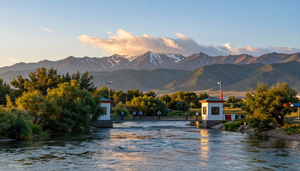 A detailed landscape showcasing the border between China and Russia, captured during the golden hour, where warm sunlight casts a soft glow over the scene. In the foreground, a serene river with gently rippling water reflects the colors of the sky, bordered by lush green foliage. In the middle ground, a sturdy border checkpoint stands, staffed by officials in professional attire, symbolizing the importance of the international boundary. Towering mountains rise majestically in the background, their peaks dusted with snow and slightly obscured by wisps of clouds. The atmosphere is tranquil yet significant, representing the geopolitical importance of the Sino-Russian border. A clear, vibrant sky enhances the overall mood, inviting contemplation of the landscape and its significance.