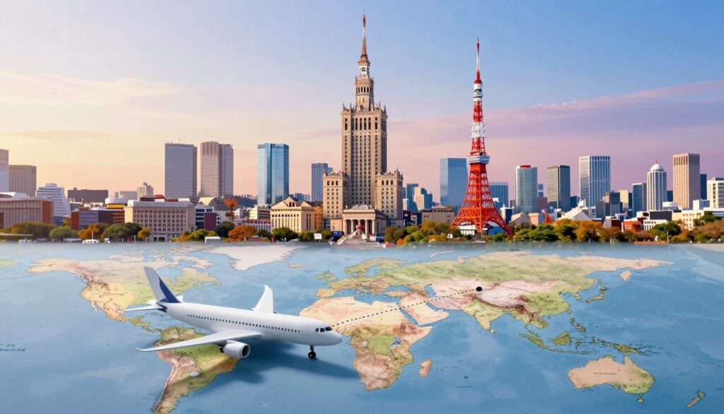 A detailed map illustrating the distance from Warsaw to Tokyo, set in a modern, sleek design. In the foreground, a stylized airplane icon represents the flight path, with a dotted line connecting the two cities on a world map. The middle ground features landmarks from both cities: the iconic Warsaw skyline with the Palace of Culture and Science and Tokyo's Tokyo Tower, providing a sense of geographical context. The background includes a soft gradient sky transitioning from day to night, symbolizing the time difference between Poland and Japan. The lighting is bright, emphasizing the colors of the map, while ensuring clarity in details. The overall mood is informative yet engaging, perfect for an educational article about travel distances.