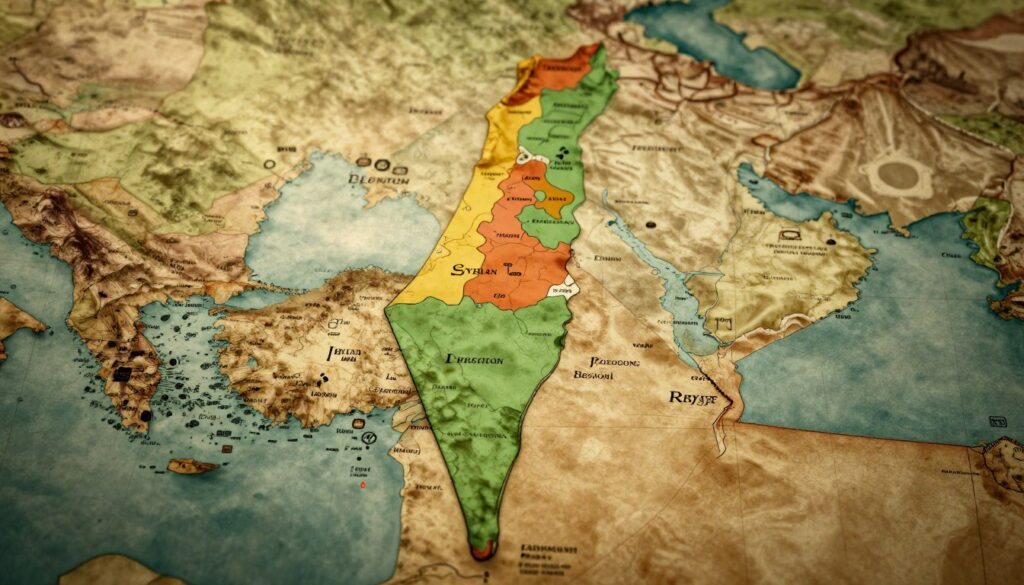A detailed map illustrating the historical borders of Israel, highlighting neighboring countries and territories. In the foreground, a stylized representation of Israel’s borders with distinct colors for each neighboring country: Lebanon, Syria, Jordan, and Egypt. The middle ground features symbols representing key historical events that shaped these borders, such as treaties or conflicts, depicted as small icons or markers. The background consists of a textured parchment-like surface, giving the image an antique map feel. Use warm, ambient lighting to create a nostalgic atmosphere, with soft shadows for depth. The perspective should be slightly angled to enhance dimensionality, allowing viewers to see the layout of the region clearly. A detailed map illustrating the historical borders of Israel, highlighting neighboring countries and territories. In the foreground, a stylized representation of Israel’s borders with distinct colors for each neighboring country: Lebanon, Syria, Jordan, and Egypt. The middle ground features symbols representing key historical events that shaped these borders, such as treaties or conflicts, depicted as small icons or markers. The background consists of a textured parchment-like surface, giving the image an antique map feel. Use warm, ambient lighting to create a nostalgic atmosphere, with soft shadows for depth. The perspective should be slightly angled to enhance dimensionality, allowing viewers to see the layout of the region clearly.