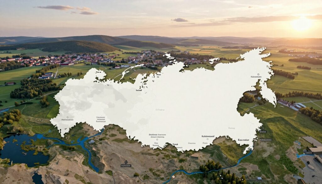 A detailed map illustration showcasing the border between Poland and Russia, focusing specifically on the Kaliningrad Oblast. In the foreground, clearly defined geographical features such as rivers and forests that mark the boundary. The middle ground should depict the towns and key landmarks along the border, with muted colors to emphasize the natural landscape. In the background, soft rolling hills under a calm sky during sunset to evoke a serene atmosphere. Use a wide-angle perspective to capture the vastness of the area. The lighting should be warm and inviting, casting gentle shadows to enhance depth. Overall, the image should communicate a sense of peace and geographical significance without any textual elements.