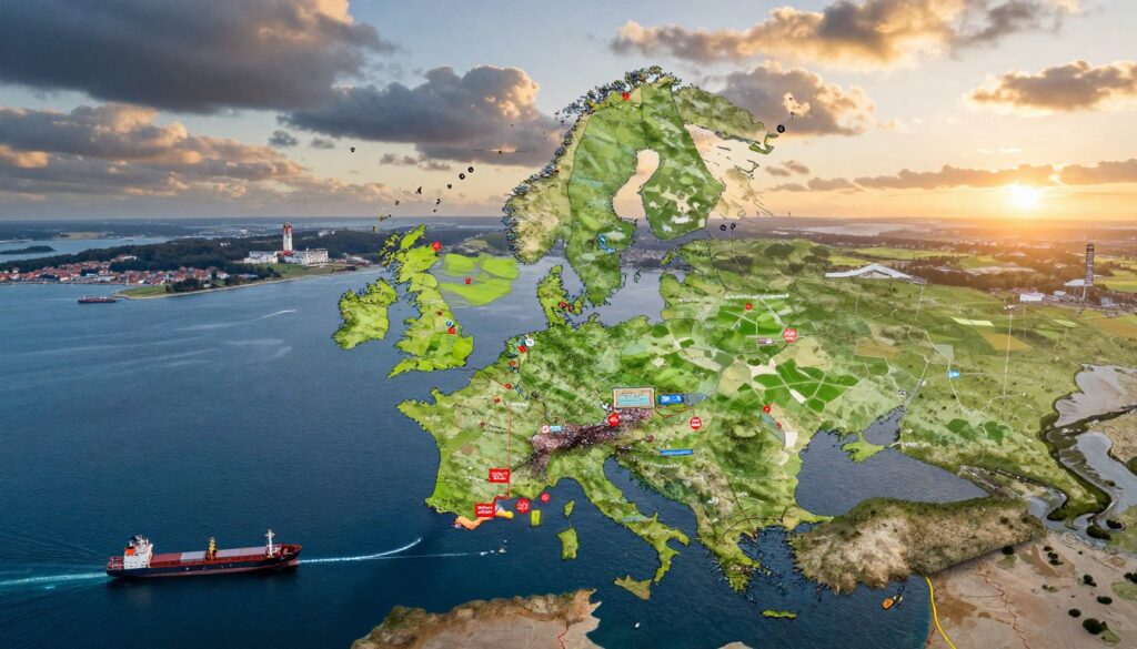 A detailed map of Denmark showcasing its strategic borders, both land and maritime, as a focal point of the economy. In the foreground, a close-up of a sea route with cargo ships symbolizing trade. The middle ground features a stylized land border, marked by green fields and industrial areas, illustrating economic zones. A panoramic view of Denmark's landscape, with beautiful coastlines and landmarks blending into the background against a cloudy sunset sky, creating a dynamic atmosphere. The scene is illuminated by warm, golden light, enhancing the importance of these borders for the nation's economy. The entire composition should convey a sense of connectivity and strategic commerce without any text or watermarks. A detailed map of Denmark showcasing its strategic borders, both land and maritime, as a focal point of the economy. In the foreground, a close-up of a sea route with cargo ships symbolizing trade. The middle ground features a stylized land border, marked by green fields and industrial areas, illustrating economic zones. A panoramic view of Denmark's landscape, with beautiful coastlines and landmarks blending into the background against a cloudy sunset sky, creating a dynamic atmosphere. The scene is illuminated by warm, golden light, enhancing the importance of these borders for the nation's economy. The entire composition should convey a sense of connectivity and strategic commerce without any text or watermarks.
