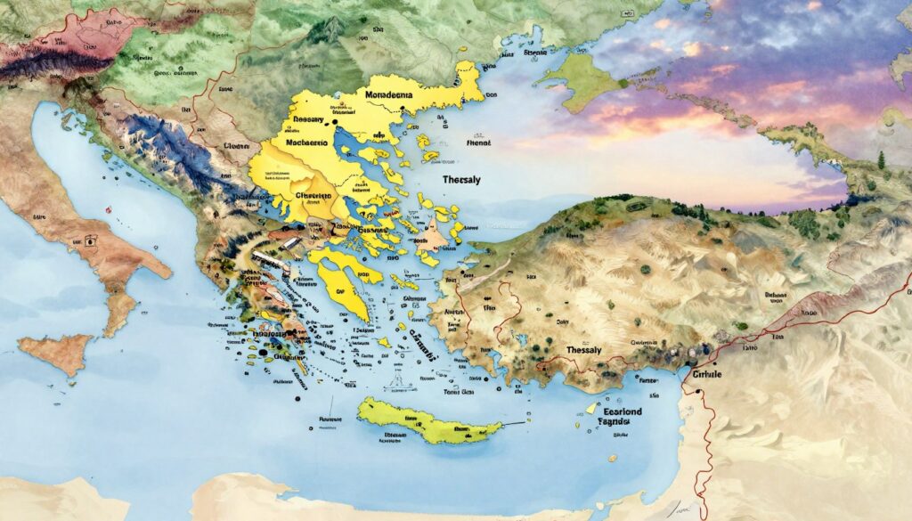 A detailed map of Greece, highlighting its administrative regions in vibrant colors. In the foreground, incorporate labels for key regions like Macedonia, Thessaly, and Peloponnese, using clear and professional typography. The middle ground features an artistic representation of Greece’s diverse landscapes, including mountains, coastlines, and urban areas, showcasing the geographical variety. In the background, a subtle watercolor sky transitions from dawn to dusk, adding depth to the scene. Use soft, warm lighting to create a welcoming atmosphere, evoking a sense of exploration and discovery. The angle should be slightly elevated, providing a comprehensive view of the country. Overall, the image should feel informative and engaging, perfect for illustrating the significance of Greece's regional divisions. A detailed map of Greece, highlighting its administrative regions in vibrant colors. In the foreground, incorporate labels for key regions like Macedonia, Thessaly, and Peloponnese, using clear and professional typography. The middle ground features an artistic representation of Greece’s diverse landscapes, including mountains, coastlines, and urban areas, showcasing the geographical variety. In the background, a subtle watercolor sky transitions from dawn to dusk, adding depth to the scene. Use soft, warm lighting to create a welcoming atmosphere, evoking a sense of exploration and discovery. The angle should be slightly elevated, providing a comprehensive view of the country. Overall, the image should feel informative and engaging, perfect for illustrating the significance of Greece's regional divisions.