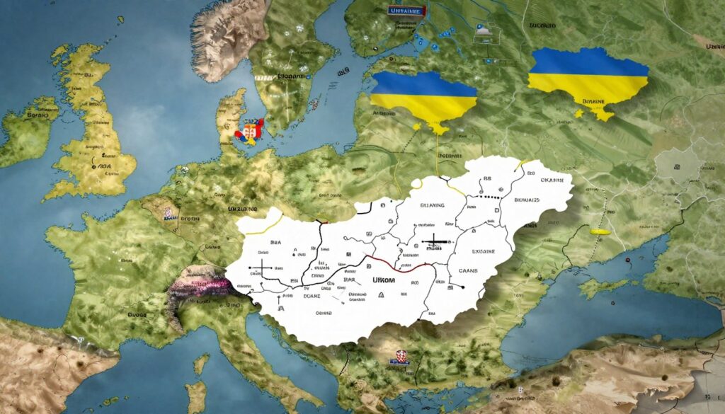A detailed map of Hungary surrounded by its neighboring countries in Central Europe, focusing on the lengths of the borders. In the foreground, stylistic representations of the borders are highlighted, with intricate lines and mathematical annotations indicating their lengths. In the middle ground, a softly glowing globe shows Hungary's geographical position amidst its neighbors: Austria, Slovakia, Ukraine, Romania, Serbia, Croatia, and Slovenia, each marked with distinct colors. The background features a subtle European landscape with rolling hills and rivers that flow across borders, symbolizing connections. Soft, natural lighting casts gentle shadows, creating a warm and inviting atmosphere. The composition invites contemplation on the significance of Hungary's border lengths in the context of regional relationships.
