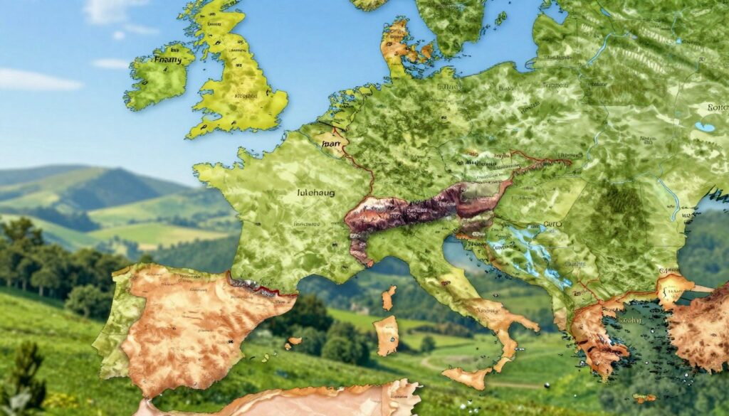 A detailed map of Western Europe's land borders, focusing on the countries neighboring France. In the foreground, highlight distinct features such as rivers, mountains, and major cities along the borders. In the middle ground, showcase the countries that share land boundaries with France, including Spain, Belgium, Luxembourg, Germany, Switzerland, and Italy, depicted with accurate border lines. In the background, create a soft, scenic landscape featuring lush greenery, rolling hills, and clear blue skies to evoke a sense of peace and unity among nations. Use warm daylight lighting to enhance the vibrant colors of the landscape, capturing a calm and harmonious atmosphere. The perspective should be slightly elevated, offering a panoramic view of the borders while ensuring clarity in the details presented. A detailed map of Western Europe's land borders, focusing on the countries neighboring France. In the foreground, highlight distinct features such as rivers, mountains, and major cities along the borders. In the middle ground, showcase the countries that share land boundaries with France, including Spain, Belgium, Luxembourg, Germany, Switzerland, and Italy, depicted with accurate border lines. In the background, create a soft, scenic landscape featuring lush greenery, rolling hills, and clear blue skies to evoke a sense of peace and unity among nations. Use warm daylight lighting to enhance the vibrant colors of the landscape, capturing a calm and harmonious atmosphere. The perspective should be slightly elevated, offering a panoramic view of the borders while ensuring clarity in the details presented.