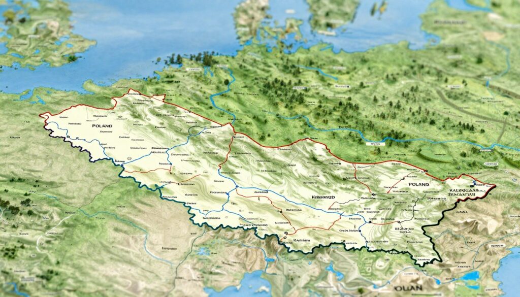 A detailed map showcasing the Kaliningrad Oblast, prominently highlighting its borders with Poland and Lithuania. In the foreground, illustrated borders are marked with distinct lines and labeled landmarks, such as cities and significant geographical features. In the middle ground, incorporate detailed topographical elements, showing forests and rivers that define the region. The background should feature a slightly blurred representation of the Baltic Sea and horizon, with a clear sky reflecting a serene atmosphere. Use natural lighting to enhance visibility, and ensure a balanced color palette that captures the essence of the area—greens for forests, blues for waterways, and earthy tones for land. The image should evoke a sense of geographical significance and peaceful relations.