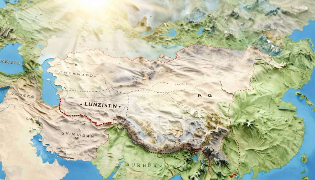 A detailed map showcasing the borders of Uzbekistan, emphasizing its length and significance as a landlocked nation in Central Asia. In the foreground, a close-up of the map highlights Uzbekistan and its neighboring countries, such as Kazakhstan, Kyrgyzstan, Tajikistan, and Turkmenistan, with dotted lines representing the length of the borders. The middle ground features a subtle elevation of topographical elements, illustrating the diverse landscapes surrounding the country. In the background, a soft glow of sunlight breaks through a serene blue sky, casting gentle shadows and creating an inviting atmosphere. The image is rendered with a realistic style, highlighting the importance of geopolitical boundaries, with intricate details and a balanced composition. A detailed map showcasing the borders of Uzbekistan, emphasizing its length and significance as a landlocked nation in Central Asia. In the foreground, a close-up of the map highlights Uzbekistan and its neighboring countries, such as Kazakhstan, Kyrgyzstan, Tajikistan, and Turkmenistan, with dotted lines representing the length of the borders. The middle ground features a subtle elevation of topographical elements, illustrating the diverse landscapes surrounding the country. In the background, a soft glow of sunlight breaks through a serene blue sky, casting gentle shadows and creating an inviting atmosphere. The image is rendered with a realistic style, highlighting the importance of geopolitical boundaries, with intricate details and a balanced composition.