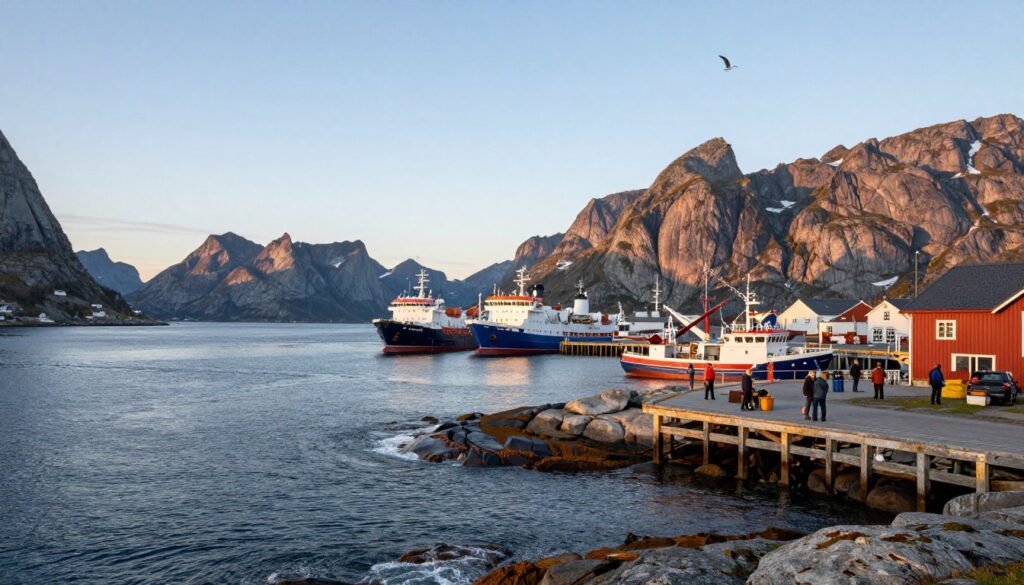 A detailed maritime landscape depicting Norway's coastal boundaries, showcasing the intricate interplay of land and sea. In the foreground, depict rocky shorelines with gentle waves lapping against them, emphasizing the natural beauty. The middle ground should feature a bustling harbor scene with cargo ships and fishing boats, vibrant with activity as merchants and sailors engage in trade. The background should include the majestic fjords and mountains of Norway, bathed in soft, golden hour lighting, casting a warm glow over the entire scene. A clear, tranquil sky enhances the peaceful atmosphere, while the subtle presence of seabirds adds life to the composition. Aim for a serene yet industrious mood, highlighting Norway's strategic maritime borders and their significance in commerce.